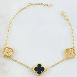 Pulso Trebol Onix Negro Diamantado Circones Blanco 5.1gr / 15.5cm-17.5cm / Oro Amarillo 18K