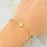 Pulso Trebol Onix Negro Diamantado 3.95gr / 16.5cm-18cm / Oro Amarillo Nac.Esp. 18K