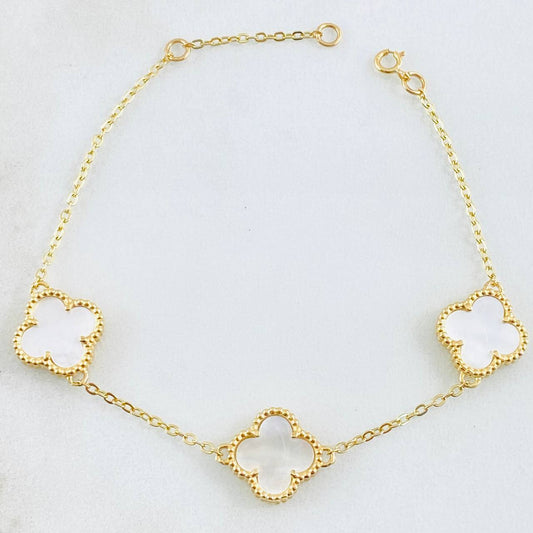 Pulso Aro seguido Trebol Nacar Blanco 5.45gr / 17cm-18.5cm / 12mm Oro Amarillo Nac.Esp. 18K ©