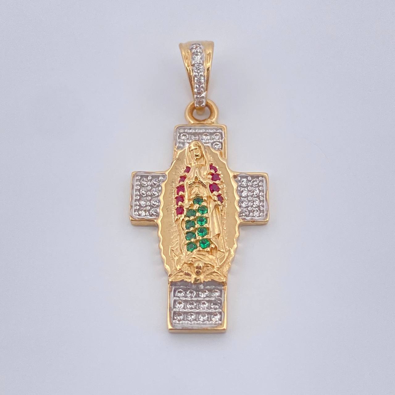 Dije Cruz Virgen Guadalupe 3.25gr / 3cm / Dos Oros Amarillo Blanco 18K %