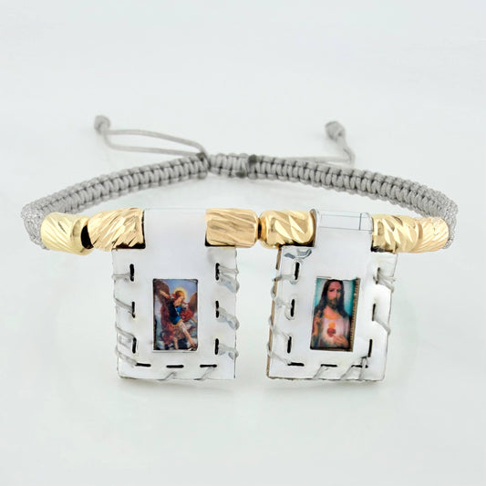 Pulsera Tejida Gris Escapulario Cilindros Diamantados 6 Und Oro Amarillo 18K