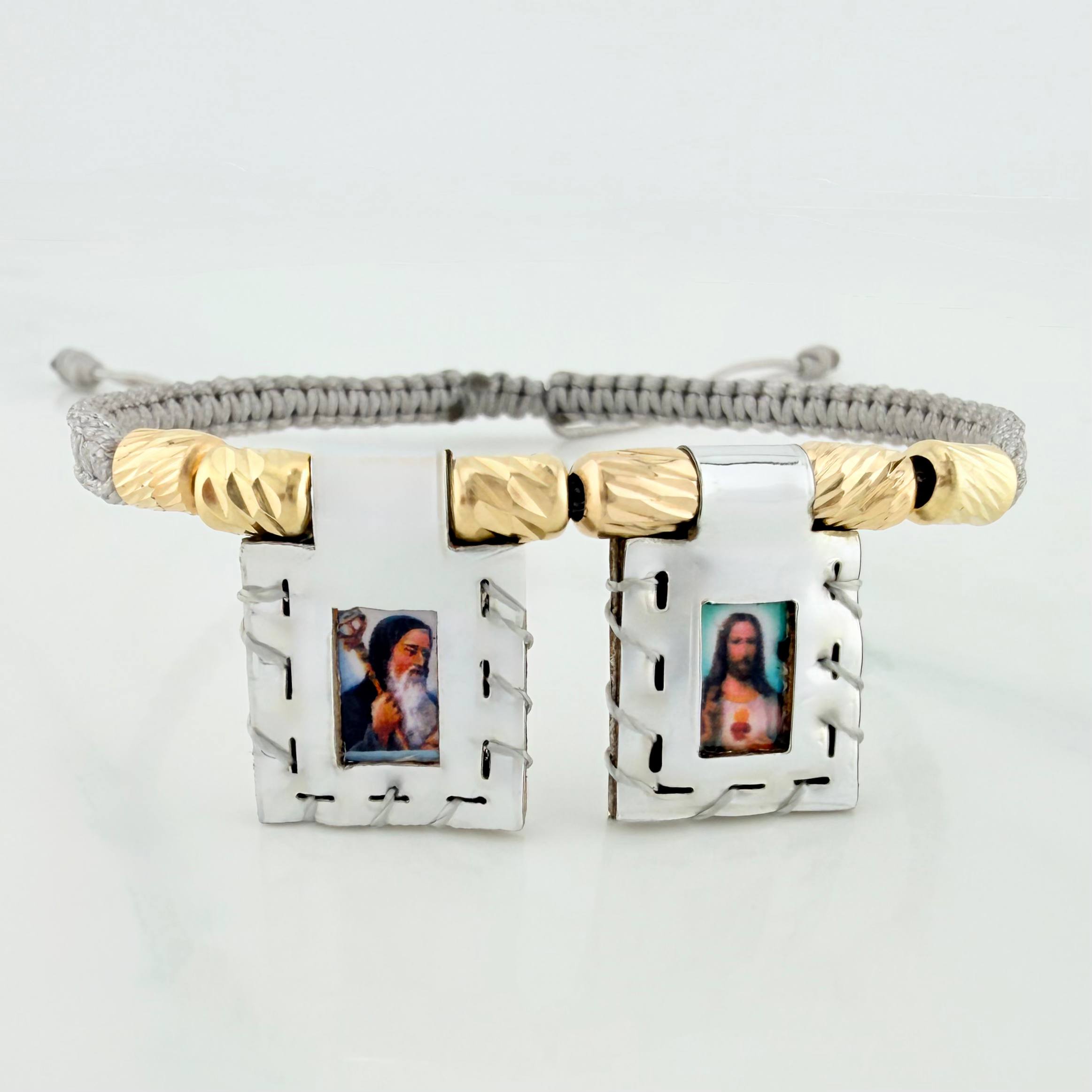 Pulsera Tejida Gris Escapulario Cilindros Diamantados 6 Und Oro Amarillo 18K