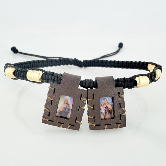 Pulsera Tejida Negra Escapulario Cilindros Diamantados 6Und Oro Amarillo 18K