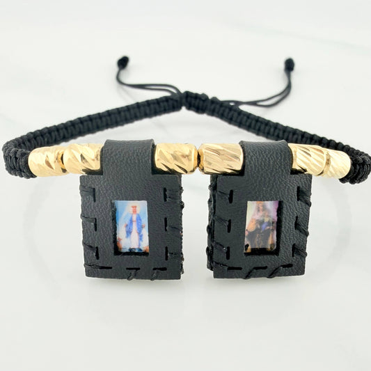 Pulsera Tejida Negra Escapulario Cilindros Diamantados 6Und Oro Amarillo 18K