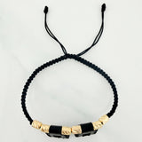 Pulsera Tejida Negra Escapulario Cilindros Diamantados 6Und Oro Amarillo 18K