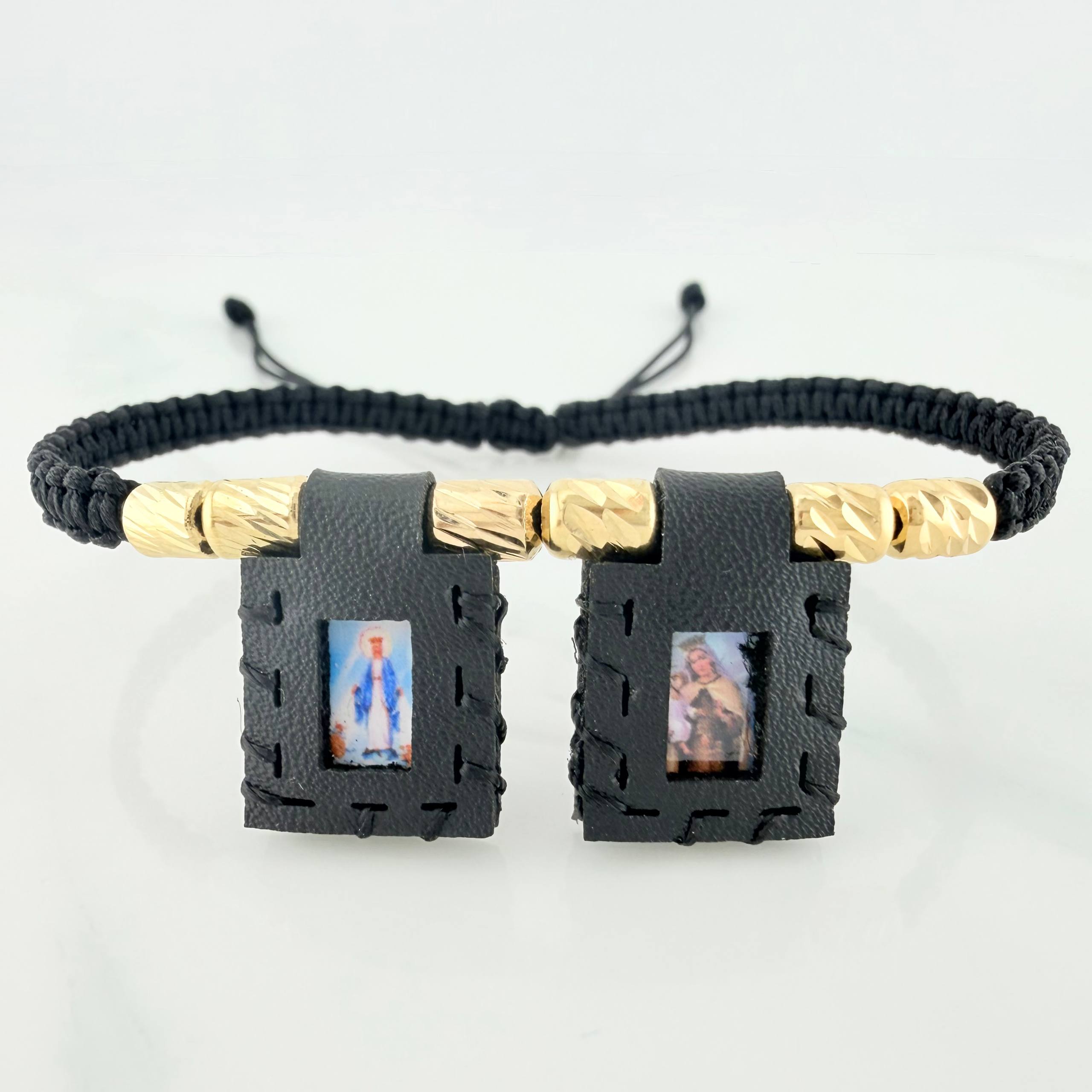Pulsera Tejida Negra Escapulario Cilindros Diamantados 6Und Oro Amarillo 18K