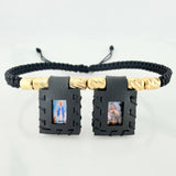 Pulsera Tejida Negra Escapulario Cilindros Diamantados 6Und Oro Amarillo 18K