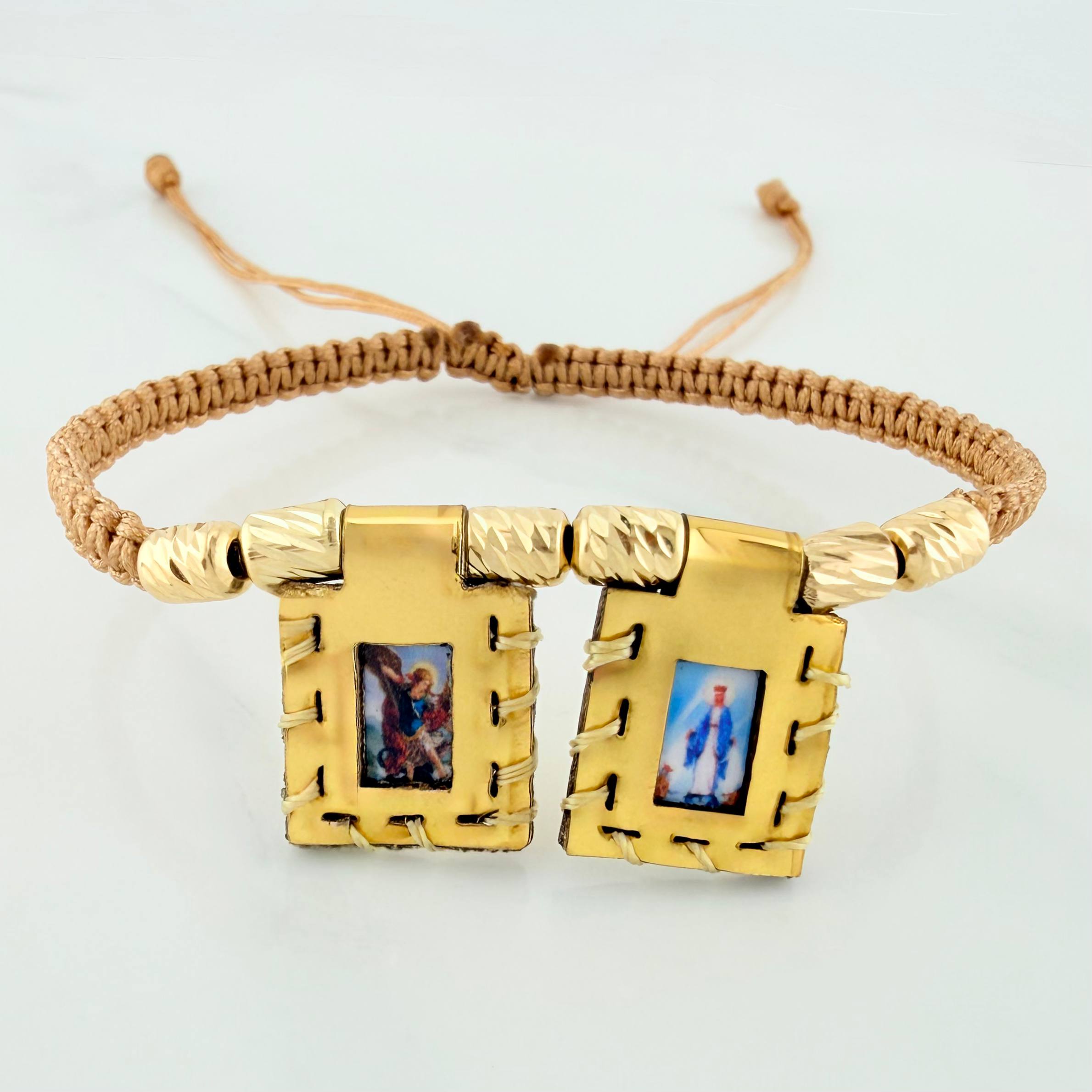 Pulsera Tejida Caqui Escapulario Cilindros Diamandos 6 Und Oro Amarillo 18K