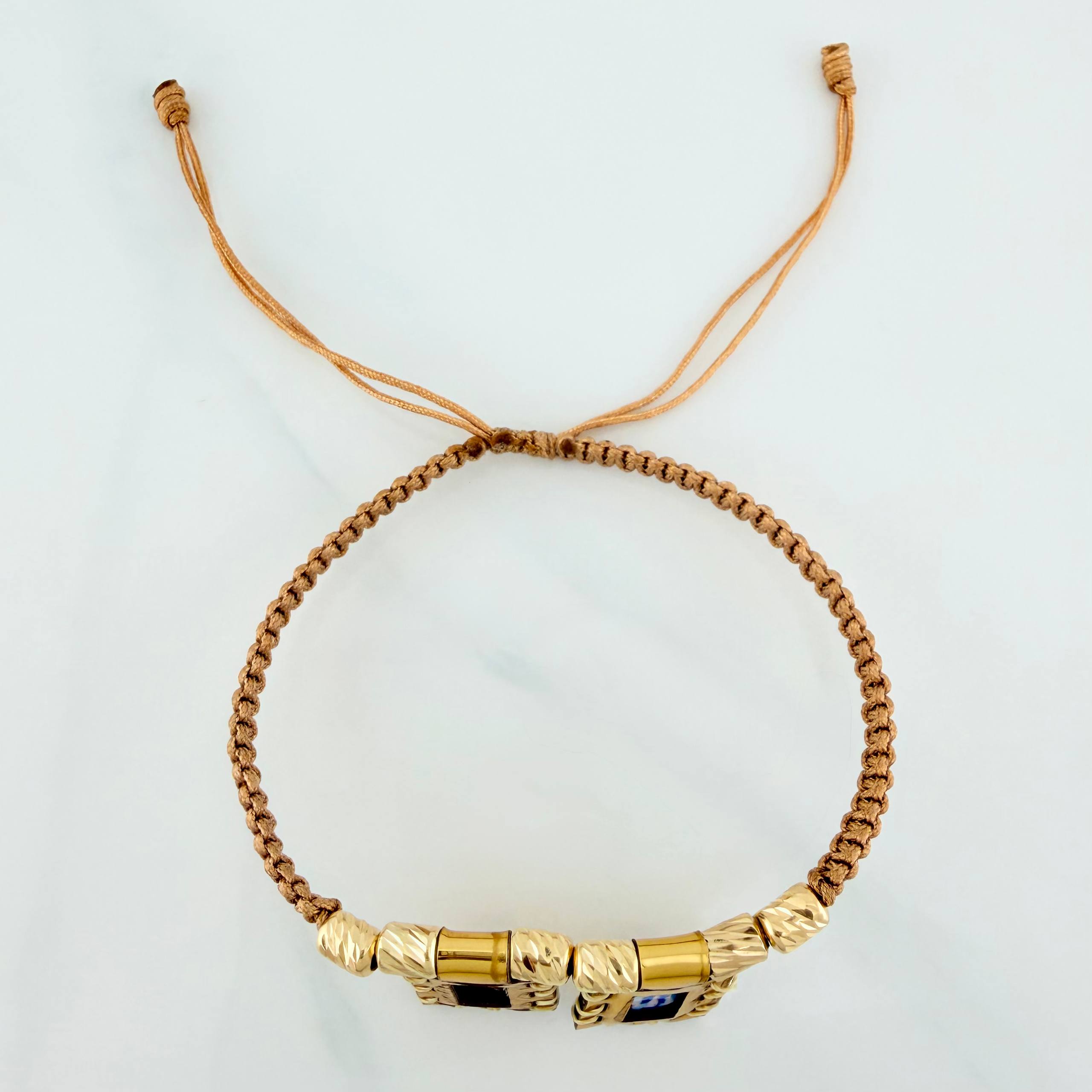 Pulsera Tejida Caqui Escapulario Cilindros Diamandos 6 Und Oro Amarillo 18K