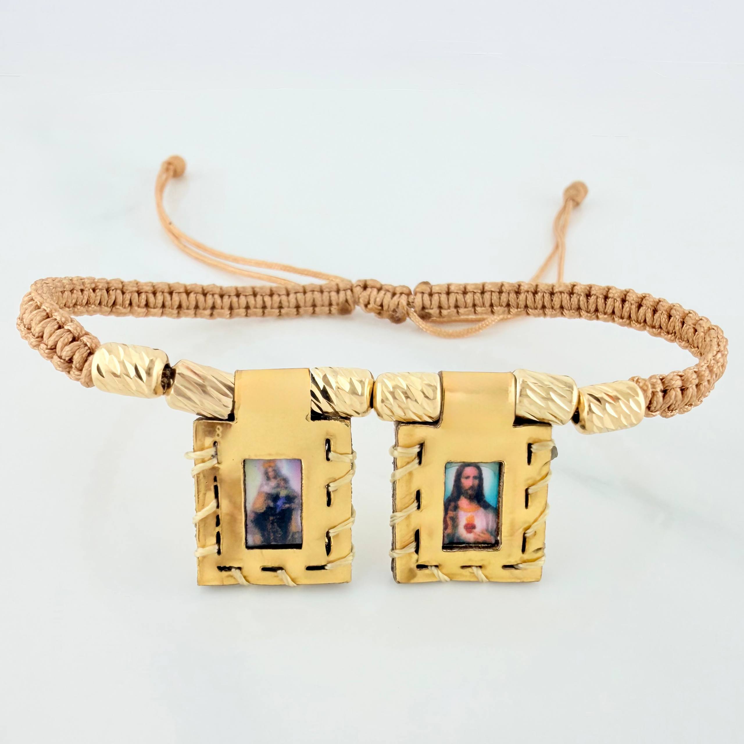 Pulsera Tejida Caqui Escapulario Cilindros Diamandos 6 Und Oro Amarillo 18K