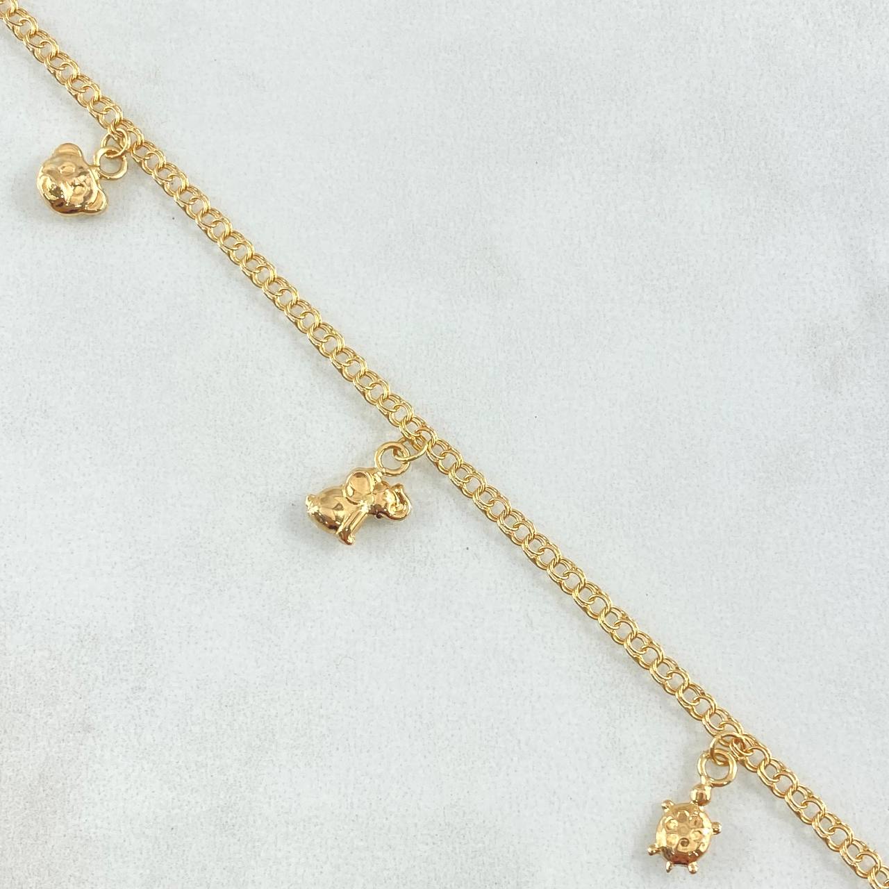 Tobillera Aro Seguido 3.45gr / 24.5cm / 2.2mm Oso TS-Elefante-Tortuga-Libelula-vaca Oro Amarillo 18K