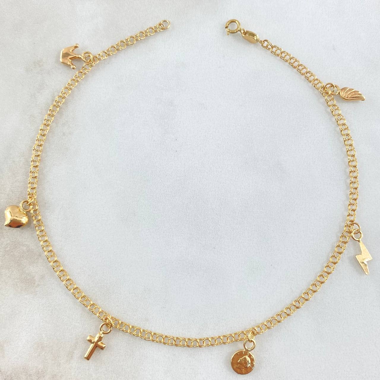 Tobillera Aro Seguido 3.35gr / 25cm / 2.2mm Corona-Corazón-Crúz-Rostro Reina-Rayo-Ala Oro Amarillo 18K
