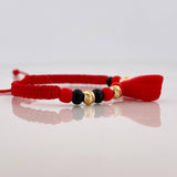 Pulsera Tejida Rojo Protección 5 Bolas Diamantadas Oro Amarillo 18K