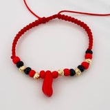 Pulsera Tejida Rojo Protección 5 Bolas Diamantadas Oro Amarillo 18K
