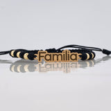 Pulsera Tejida Negra Herraje Placa Familia Oro Amarillo 18K