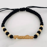 Pulsera Tejida Negra Herraje Placa Familia Oro Amarillo 18K