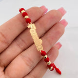 Pulsera Tejida Rojo Herraje Placa Familia Oro Amarillo 18K