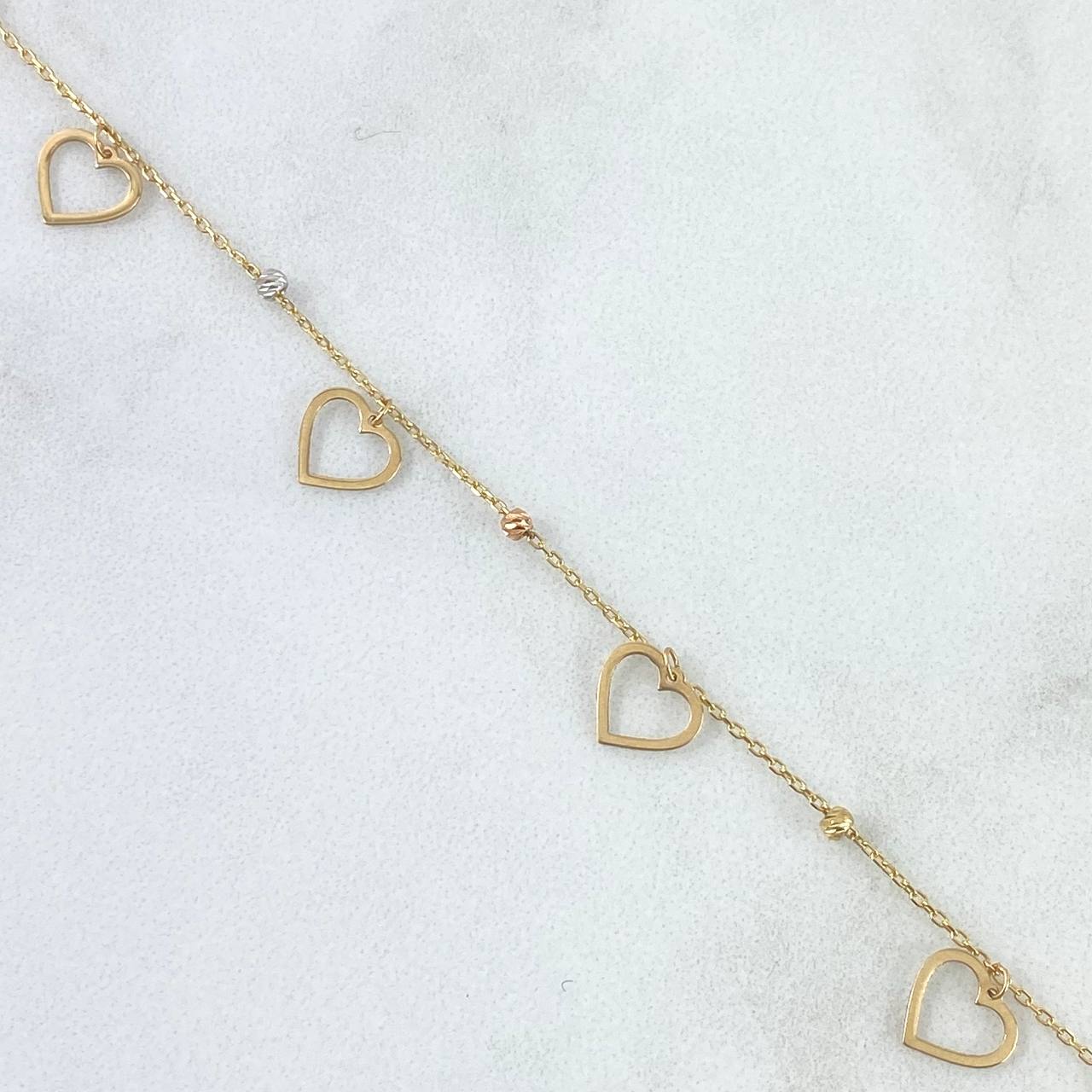 Pulso Aro Seguido Corazones 1.2gr / 17cm-19cm / 2mm Bola Diamantada Tres Oros +4