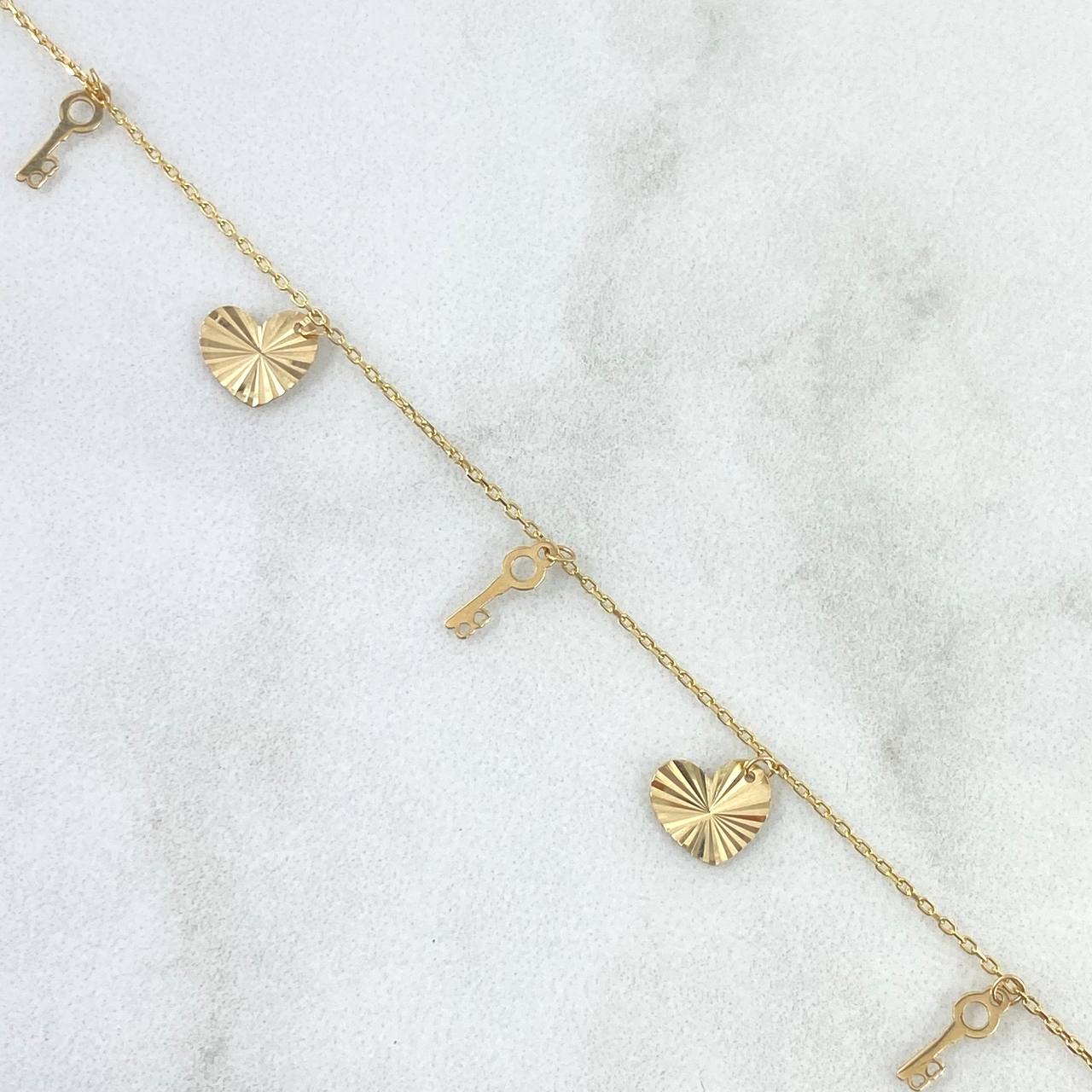 Pulso Aro Seguido 1.25gr / 17cm-19cm / 0.6mm Llave- Corazon Diamantado Oro Amarillo +4