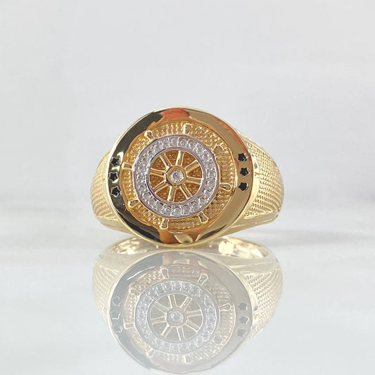 Anillo Timón Movil 7.05gr / T11 1/4 / Circones Blancos Negros Dos Oros Amarillo Blanco 18K ©
