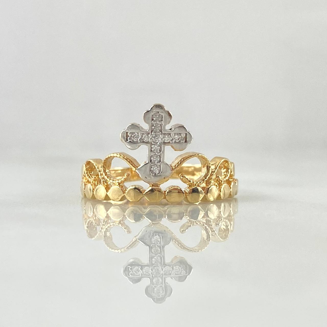 Anillo Corona Cruzada 2.55gr / T6 / Circones Blancos Dos Oros Amarillo Blanco 18K ©