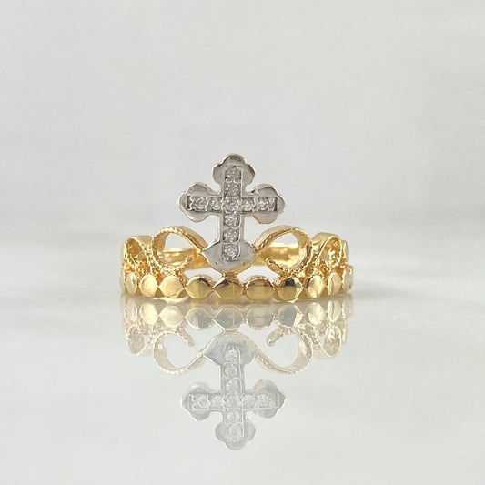 Anillo Corona Cruzada 2.55gr / T6 / Circones Blancos Dos Oros Amarillo Blanco 18K ©