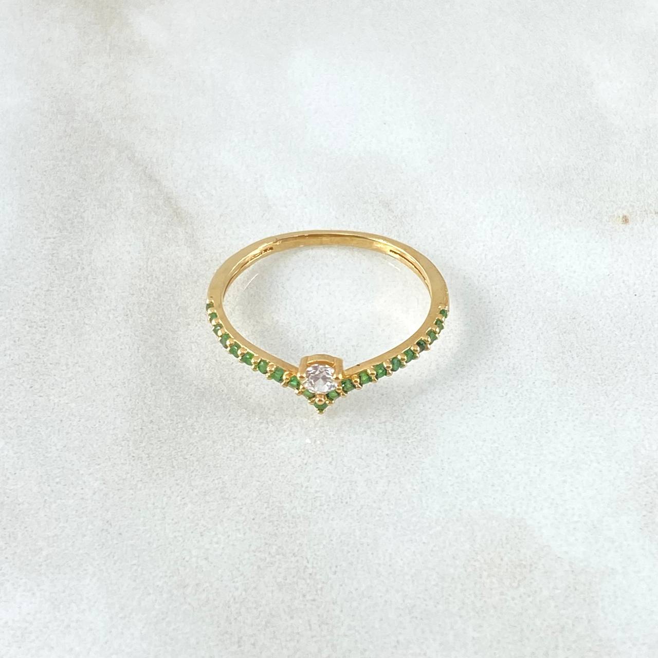 Anillo Solitario en V 1.5gr / T7 1/2 / Circones Verdes Blanco Oro Amarillo 18K ©