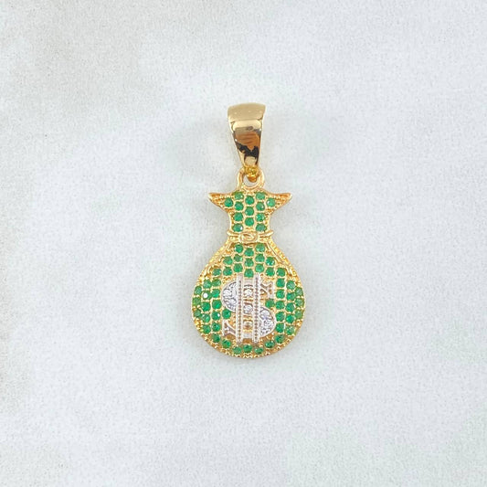 Dije Bolsa Dinero 2.15gr / 3cm / Circones Blancos Verdes Dos Oros Amarillo Blanco 18K *