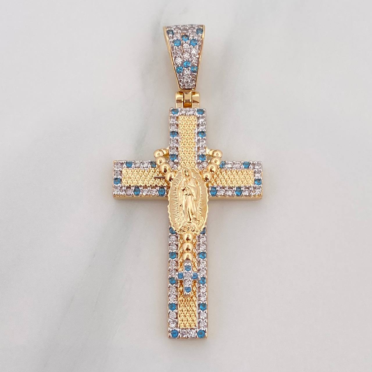 Dije Cruz Rosario Virgen Guadalupe 6.55 g / 4.7 cm Dos Oros Amarillo Blanco 18K
