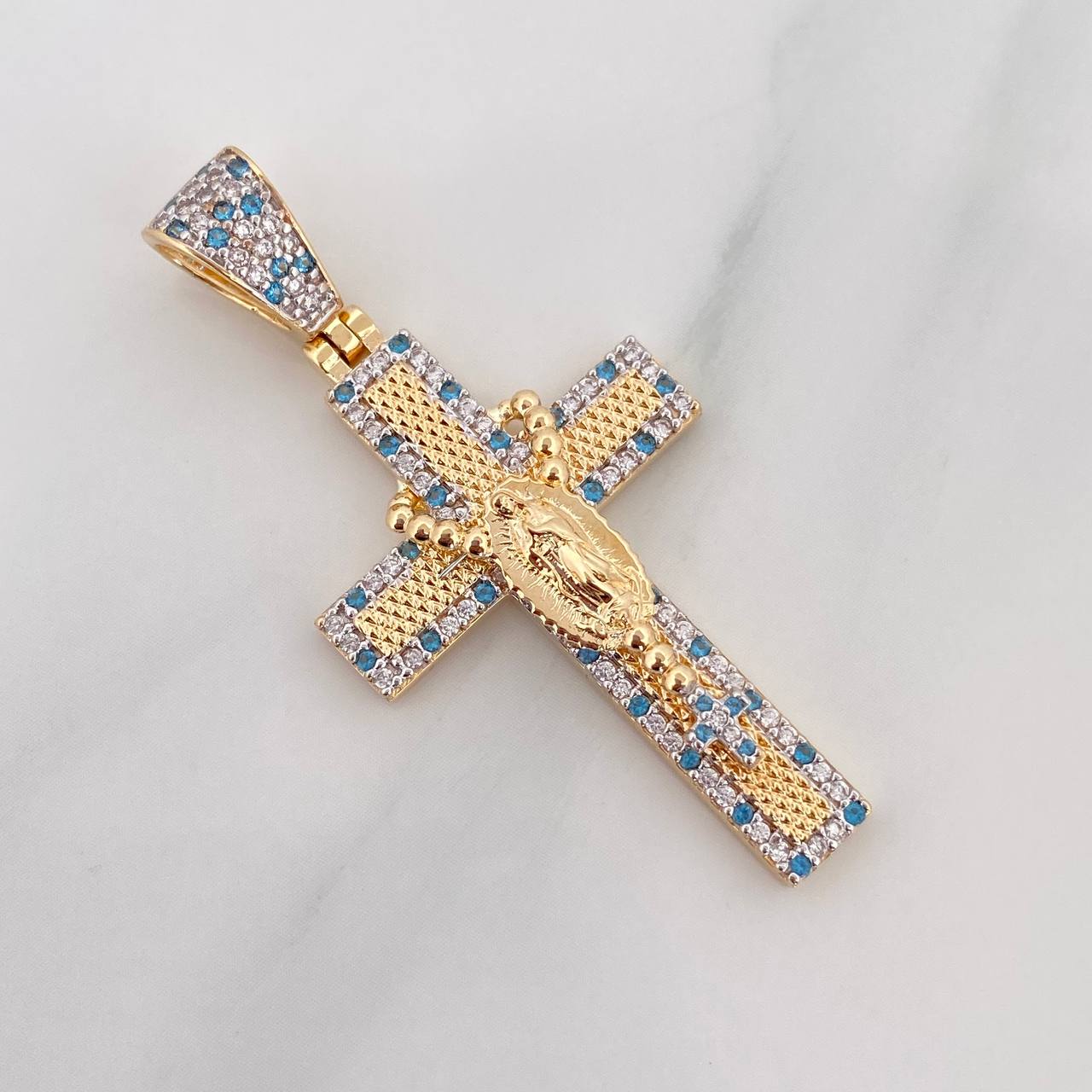 Dije Cruz Rosario Virgen Guadalupe 6.55 g / 4.7 cm Dos Oros Amarillo Blanco 18K