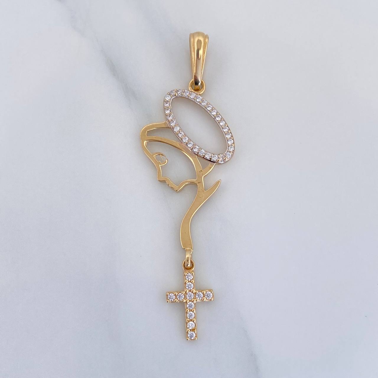 Dije Virgen Maria Cruz 2.6 g / 5.5 cm Dos Oros Amarillo Blanco 18K