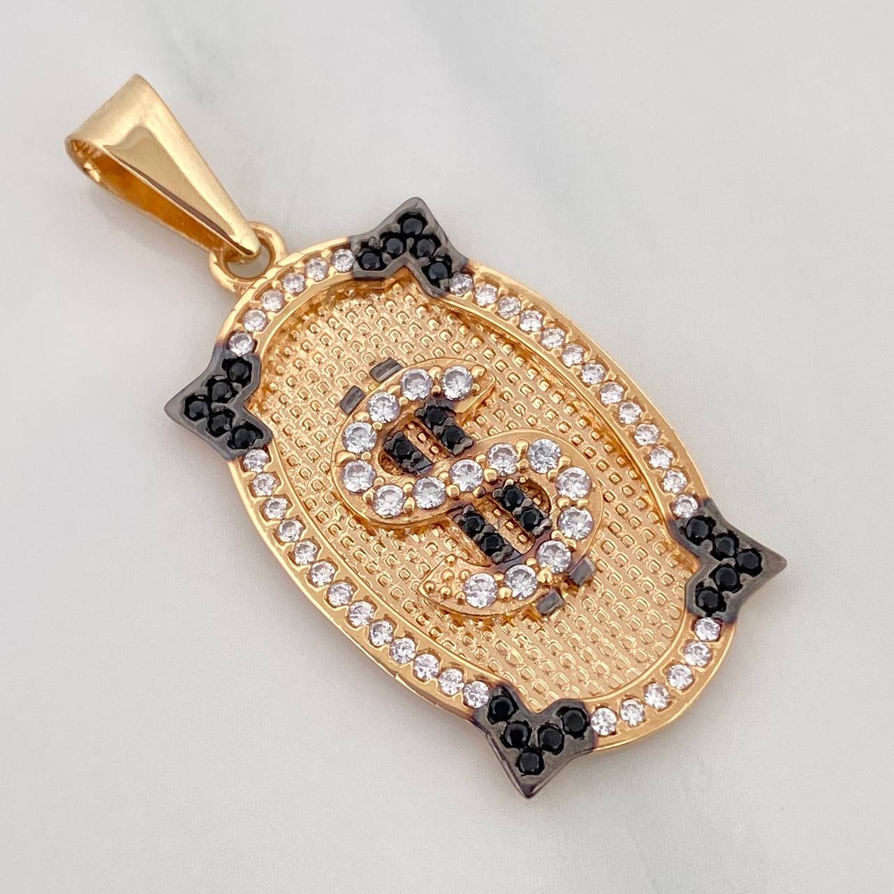 Dije Placa Signo Dolar 4.6 g / 3.8 cm Dos Oros Negro Amarillo 18K