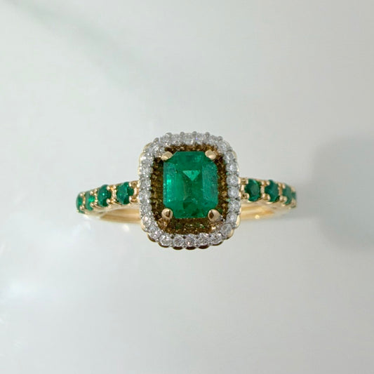 Anillo Rectangulo Esmeraldas 66 pts Diamantes 0.09 pts 3.25gr / T5 3/4 /  Dos Oros Amarillo Blanco 18K %