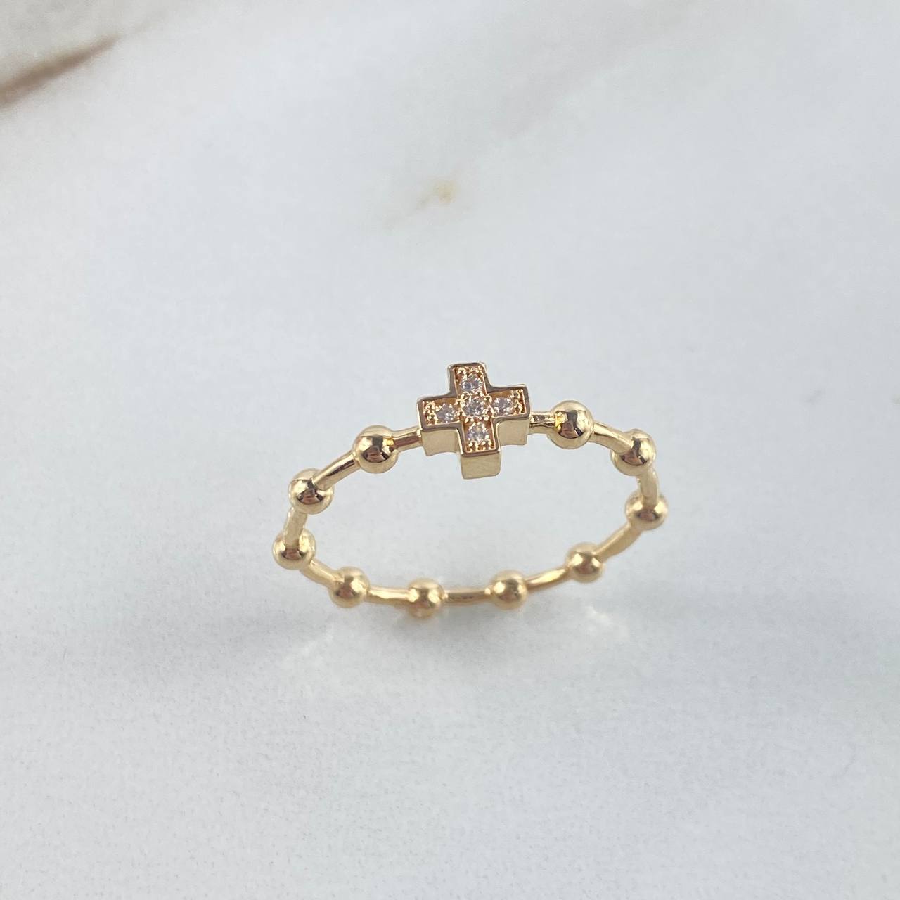 Anillo Cruz 2.3gr / T6 1/2 / Esferas Circones Blancos Oro Amarillo ©