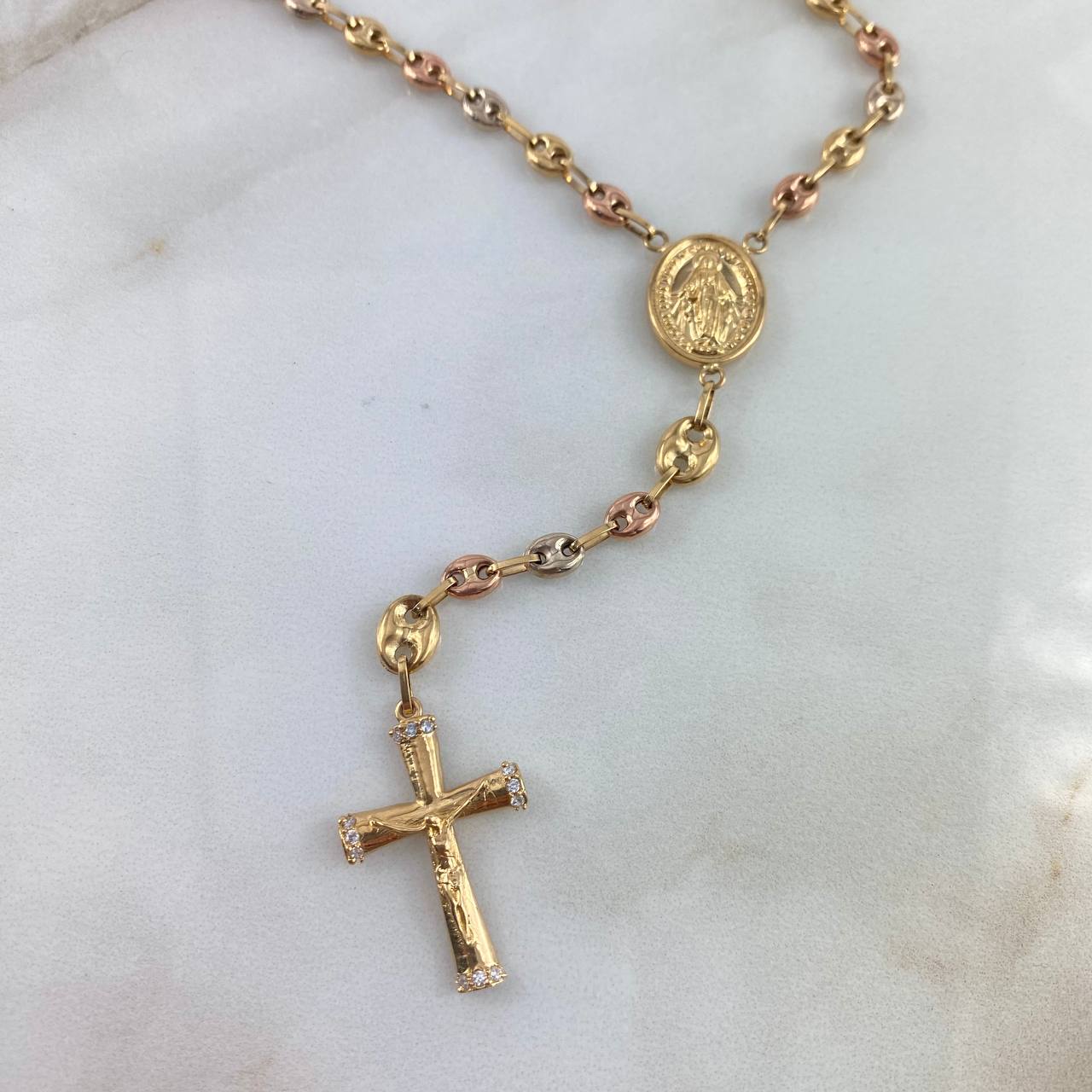 Rosario GC Virgen Milagrosa 14.3gr / 60cm / 4.5mm Liso Circones Blancos Tres Oros *