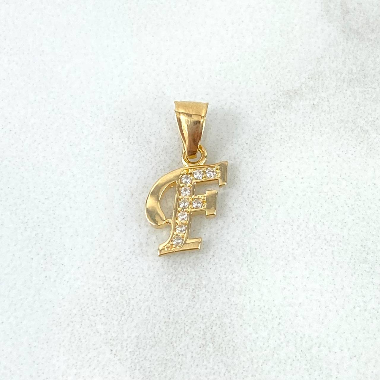 Dije Letra F Cursiva 0.45gr / 1.5cm / Circones Blancos Oro Amarillo