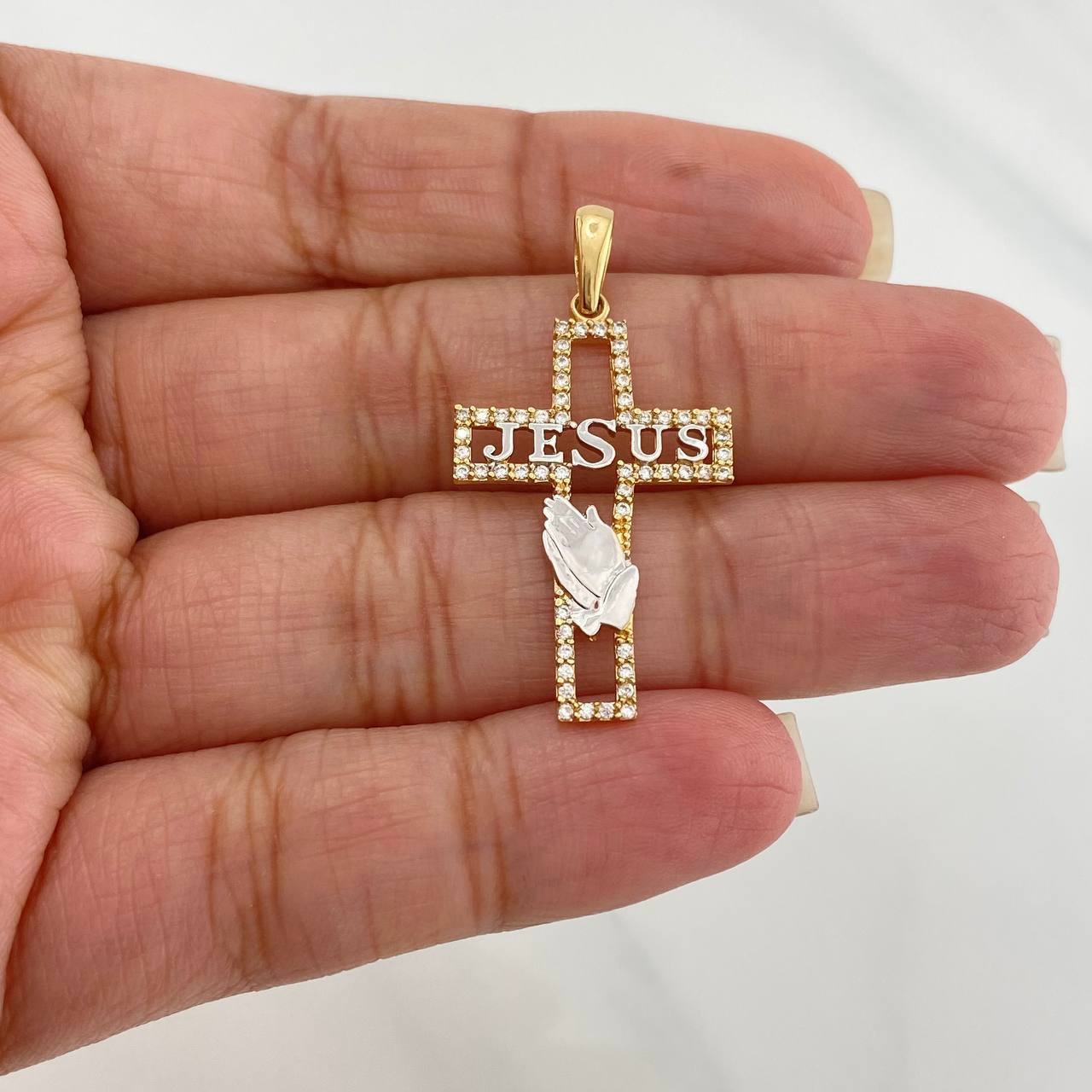 Dije Cruz Jesus 2.3 g / 3.6 cm Dos Oros Amarillo Blanco 18K