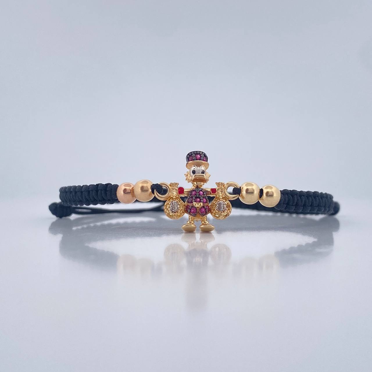 Pulsera Tejida Negra Pato Bolsas De Dinero 2gr / 4mm Tres Oros 18K %