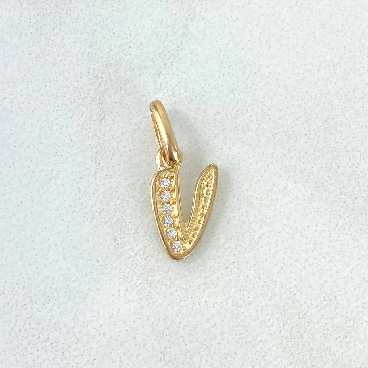 Dije Letra V Silueta 0.7gr / 1.6cm / Circones Blancos Oro Amarillo 18K ©