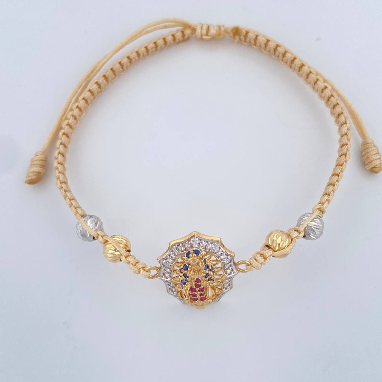 Pulsera Tejida Beige Vigen de Guadalupe 3gr / Dos Oros Amarillo Blanco 18K %