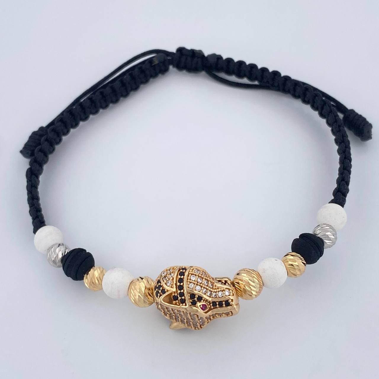 Pulsera Tejida Negra Pantera 6.05gr / Dos Oros Amarillo Blanco 18K %