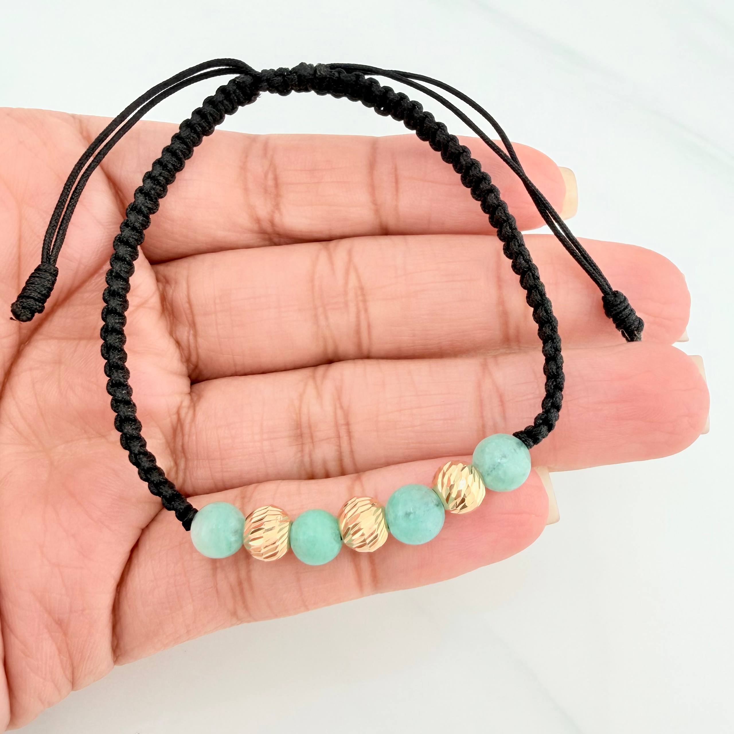 Pulsera Tejida Negra Morralla Esmeralda 4 Und / 5Mm Oro Amarillo 18K