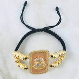 Pulsera Negra Herraje Rostro Jesús Relieve 14.7gr / 6mm-5mm Tres Oros 18K *