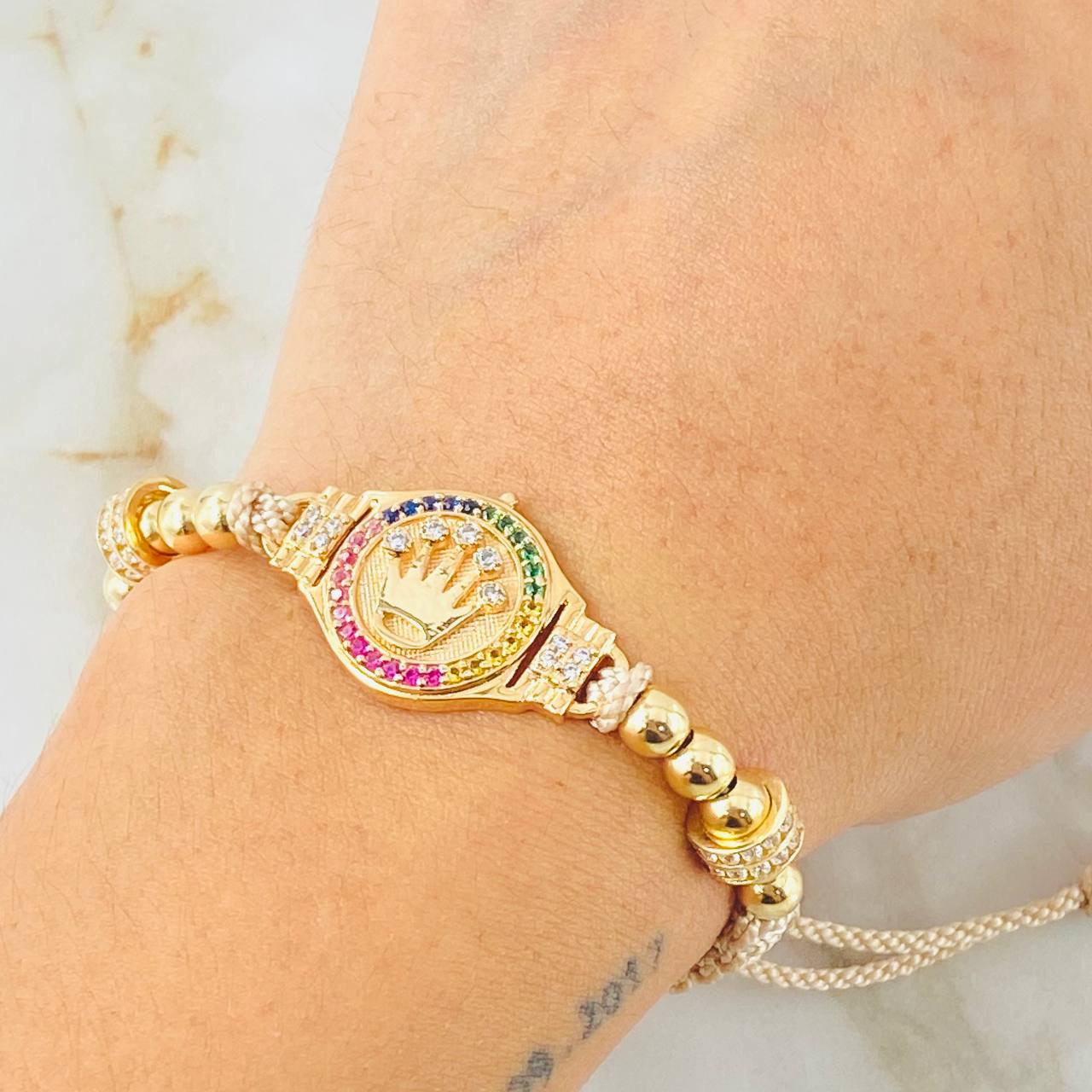 Pulsera Beige Herraje Corona Ruedas 7gr / 5mm Oro Amarillo 18K ©