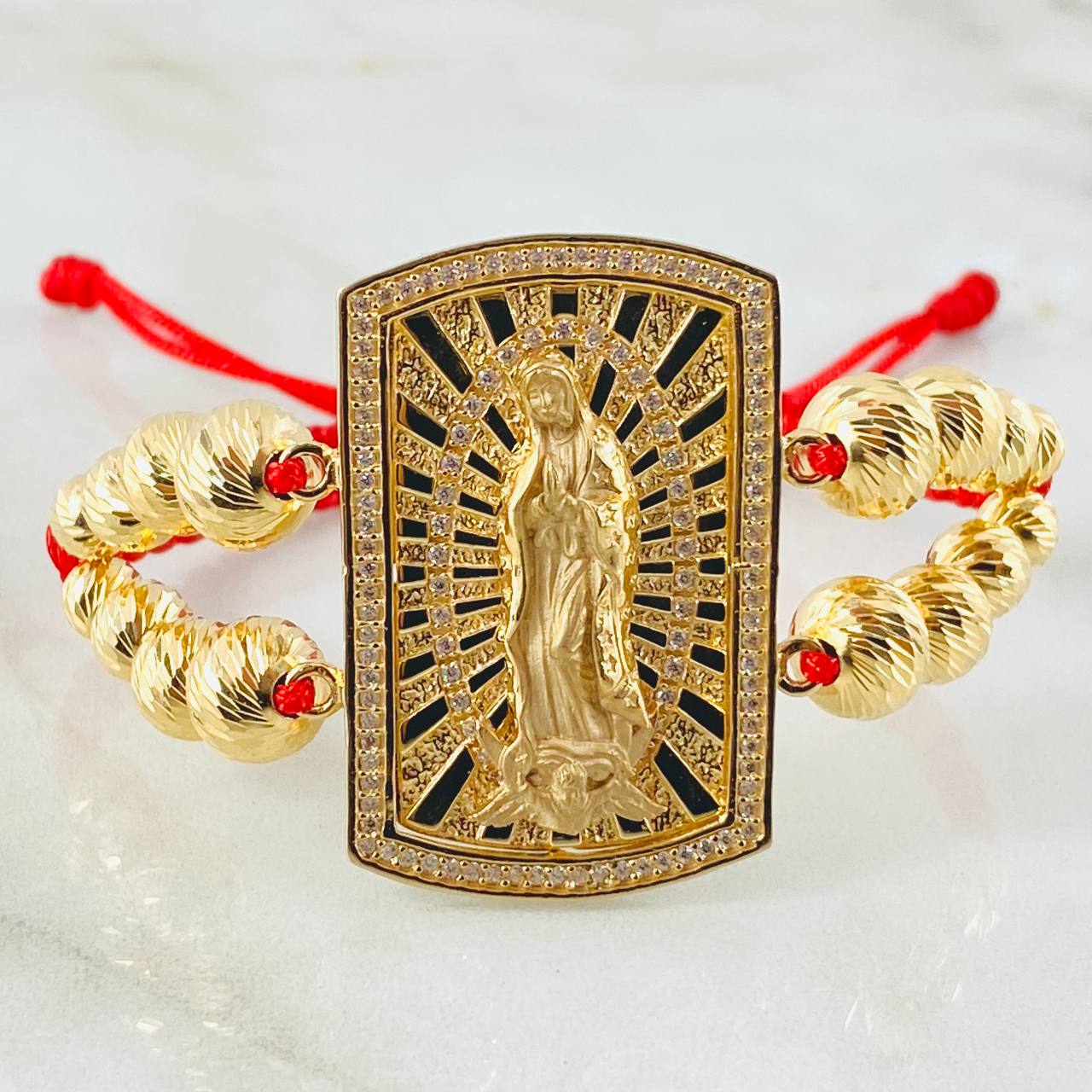 Pulsera Roja Herraje Virgen Guadalupe 15.7gr / 8mm-7mm-6mm-4mm Oro Amarillo 18K ©