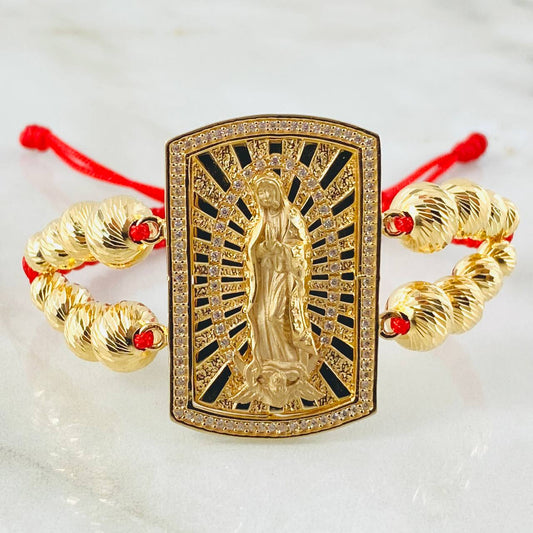 Pulsera Roja Herraje Virgen Guadalupe 15.7gr / 8mm-7mm-6mm-4mm Oro Amarillo 18K ©
