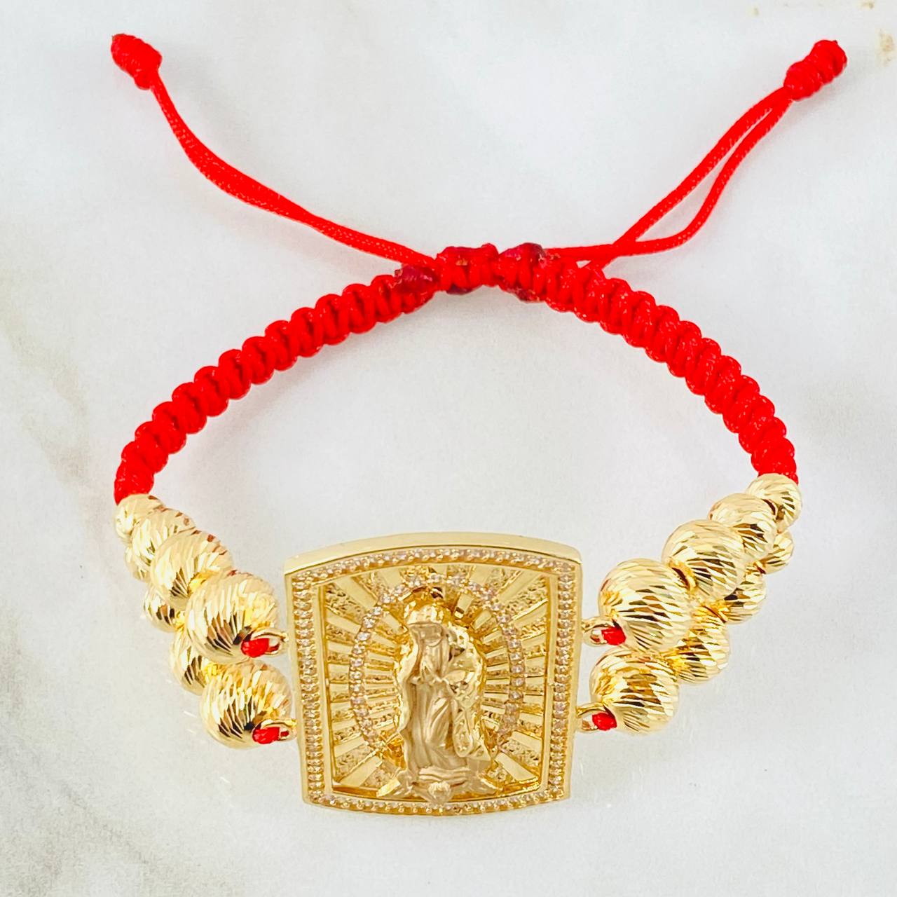 Pulsera Roja Herraje Virgen Guadalupe 15.7gr / 8mm-7mm-6mm-4mm Oro Amarillo 18K ©