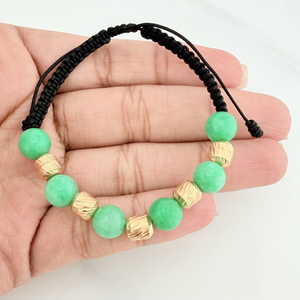 Pulsera Tejida Negra Morralla Esmeralda 6 Und / 6Mm Oro Amarillo 18K