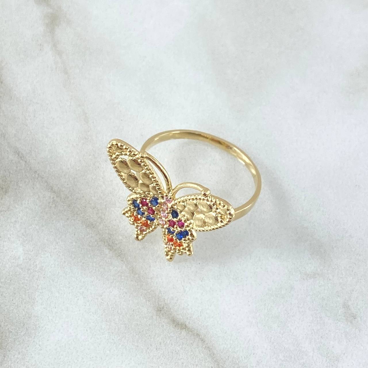 Anillo Mariposa Papilio 3.65gr / T7 3/4 / Circones Azul Fucsia Naranja Rosa Oro Amarillo 18K *