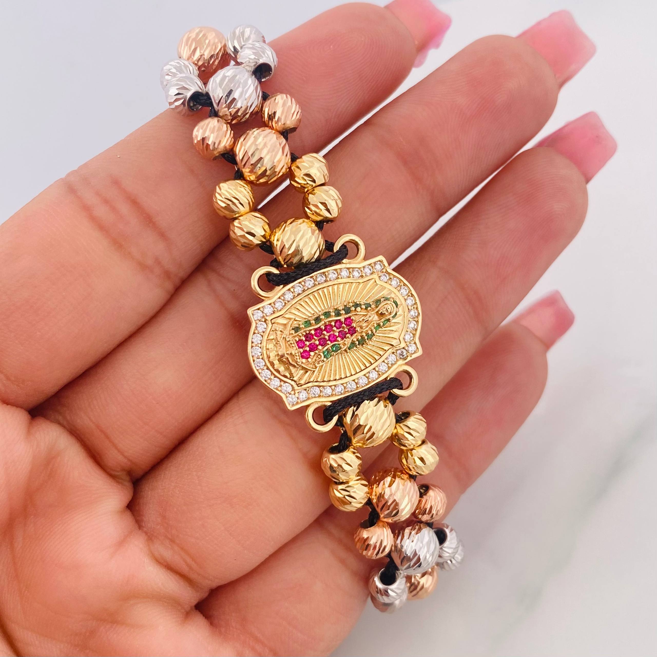 Pulsera Tejida Virgen Guadalupe Tres Oros 18K